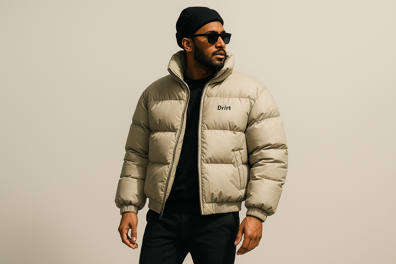 Drip style man in puffer jacket with Drirt word (small word on the left on the chest) and in black beanie with slim sport-pants.