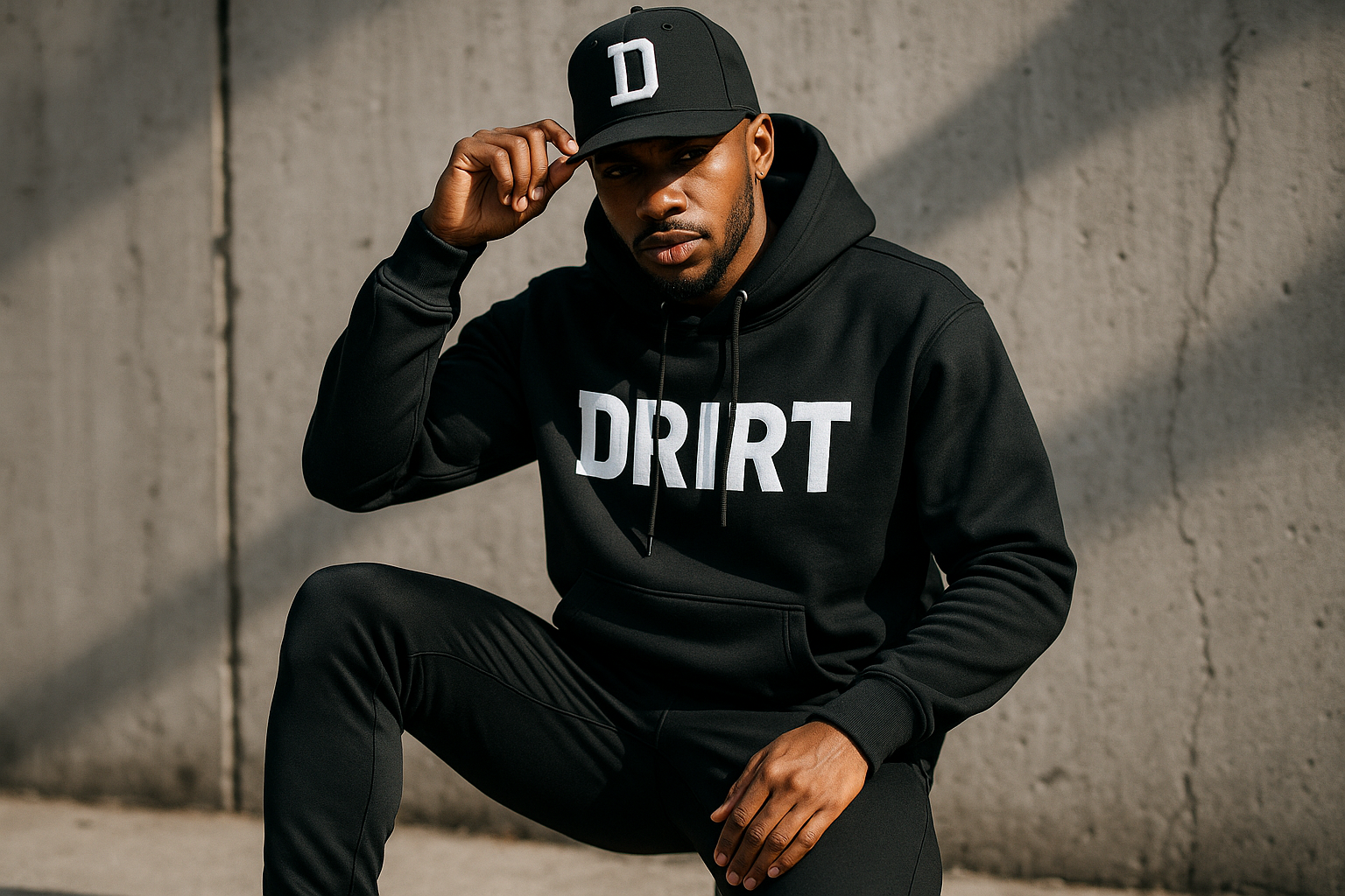 Rapper in Drirt hoodie and cap with D letter(like my brand cap) with slim sport-pants.